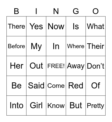 Sight Words Bingo Card