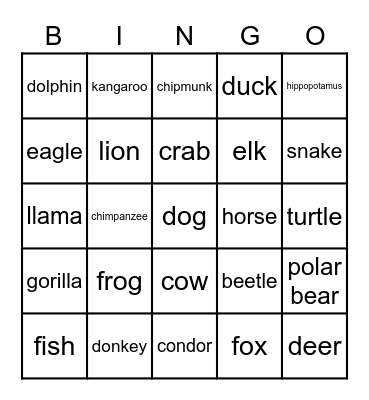 Animals Bingo Card