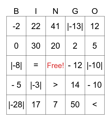 Absolute Value Bingo Card