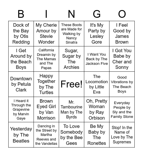 60's Hits Bingo Card