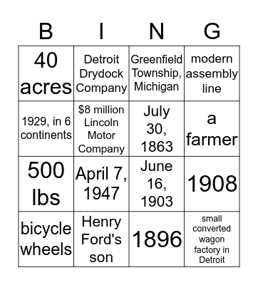 Henry Ford Bingo Card