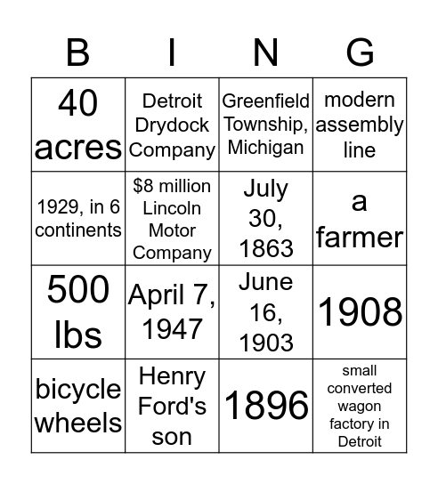 Henry Ford Bingo Card