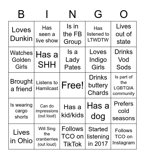 Obsessed Fest TCO Meet Up Bingo Card