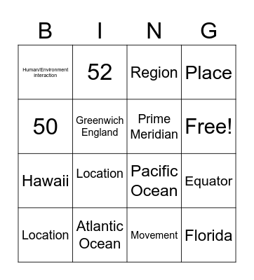 Geographpy Bingo Card