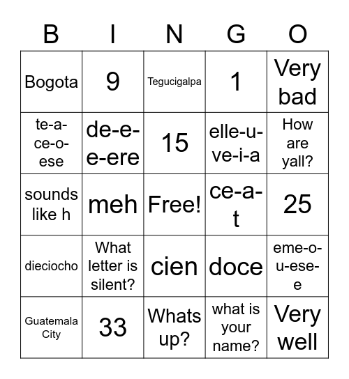 3rdAlfabeto/paises/saludos/numeros Bingo Card