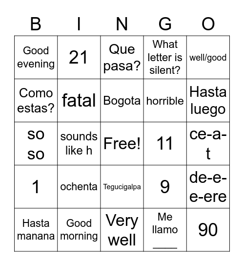 4thAlfabeto/paises/saludos/numeros Bingo Card