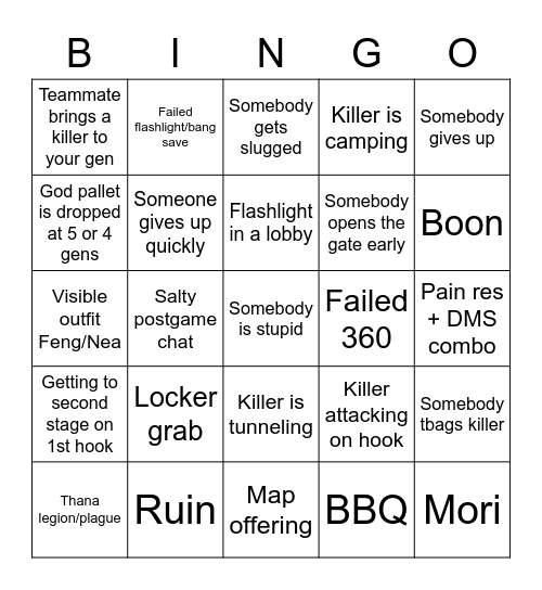 Dead by daylight bingo Card