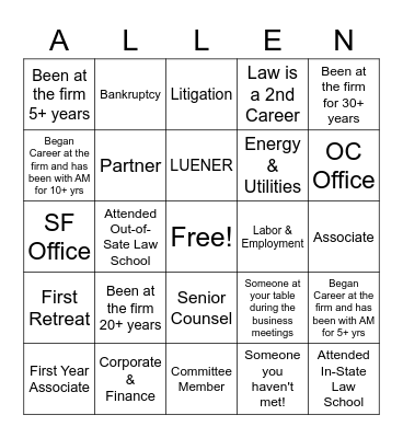 Allen Matkins Networking Bingo Card