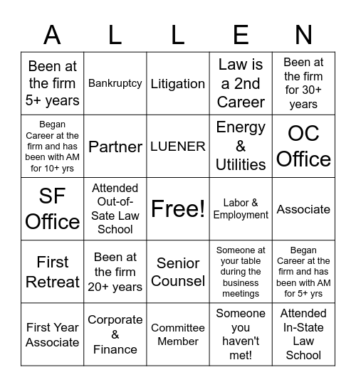 Allen Matkins Networking Bingo Card