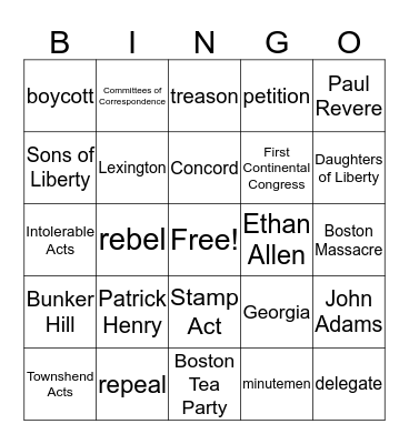 Causes of the American Revolution Bingo Card