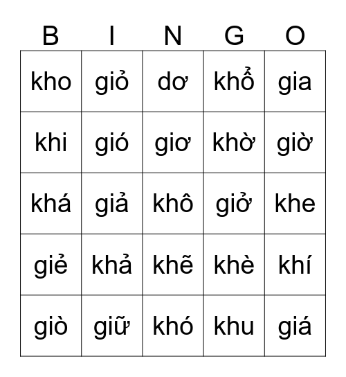 Tiếng Việt Bingo Card