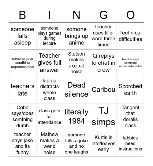 Class roulette Bingo Card