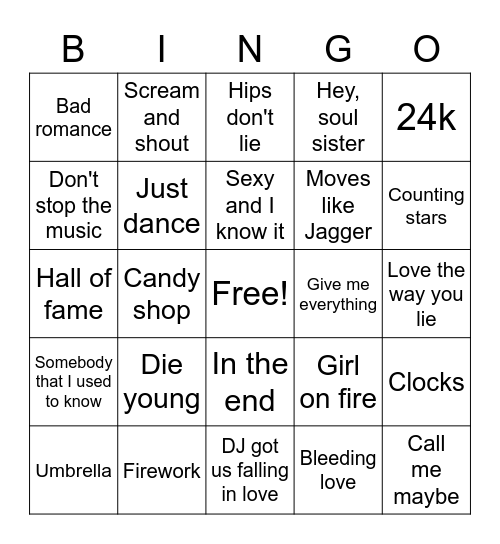 Top  2000's Hits Bingo Card