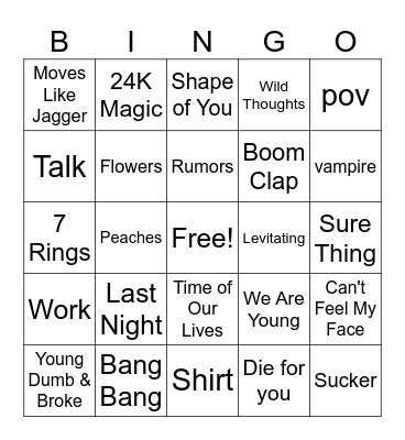 Top Pop Hits Bingo Card