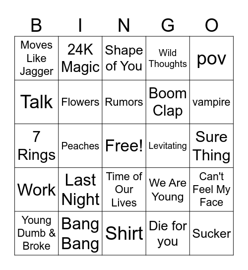 Top Pop Hits Bingo Card