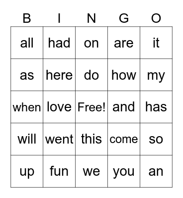 Snap Word Bingo #1 Bingo Card