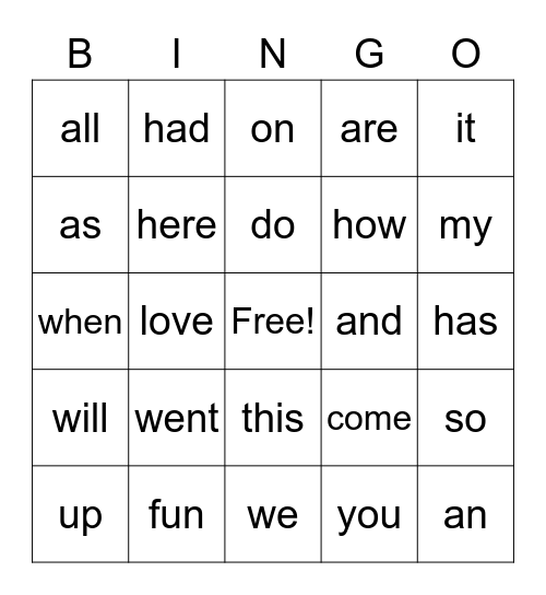Snap Word Bingo #1 Bingo Card