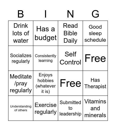 Healthy Human BINGO Card