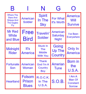 True American Songs Bingo Card