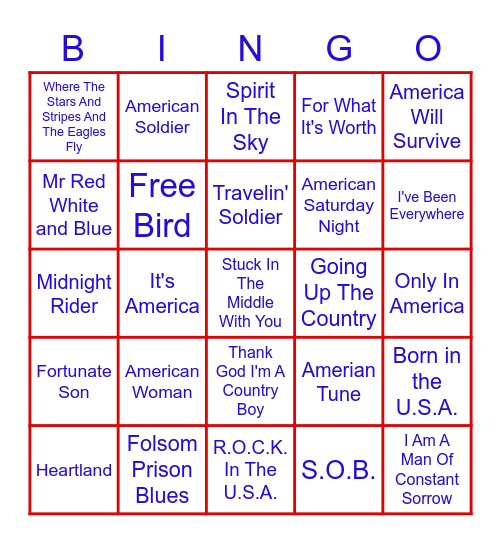 True American Songs Bingo Card