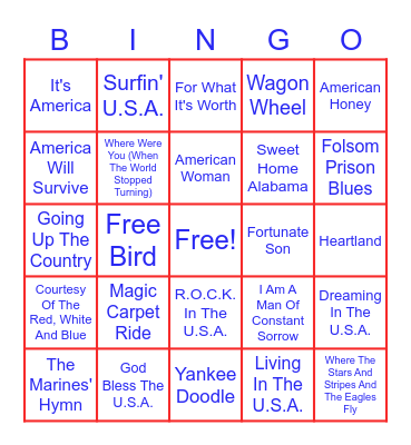 True American Songs Bingo Card