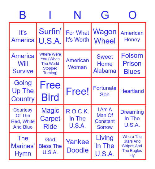 True American Songs Bingo Card