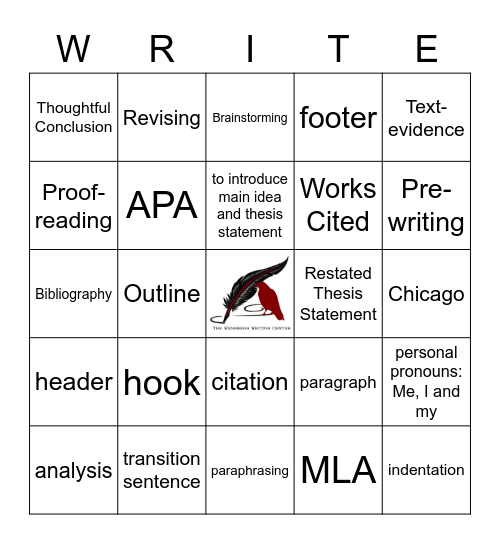 Writing Center Review Bingo Card