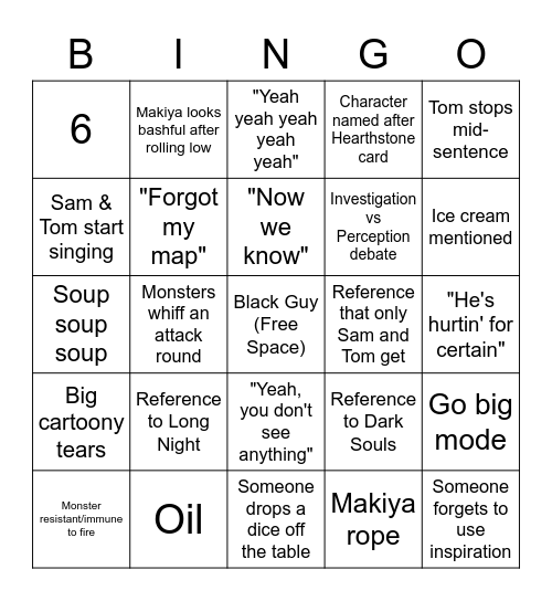 D&D With Sam Bingo Card