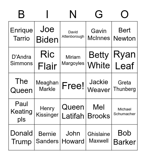 Celebrity Death Bingo Card