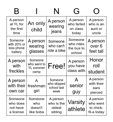 Younglife Bingo Card