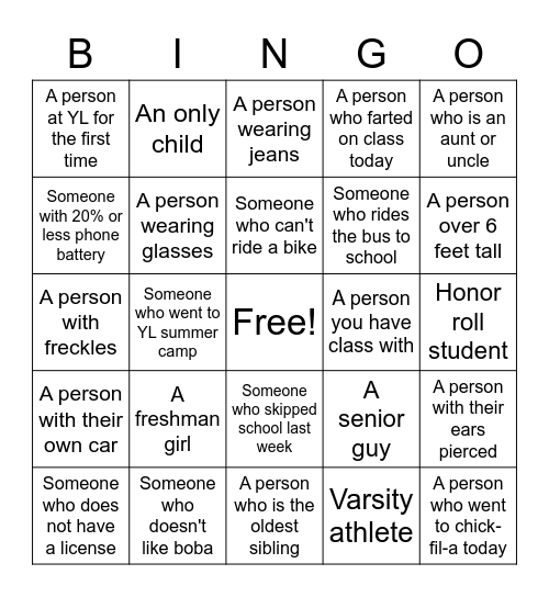 Younglife Bingo Card