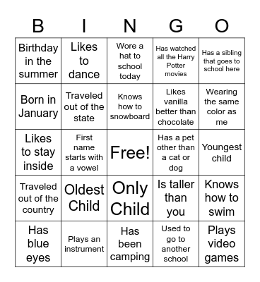 Characteristic Bingo Card