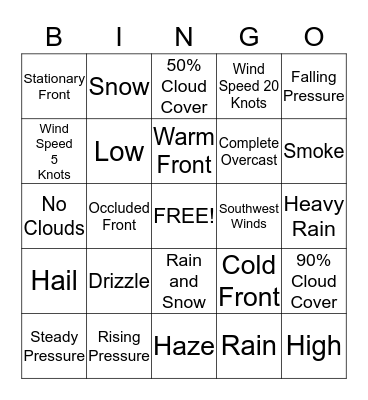 Weather Symbol Bingo Card