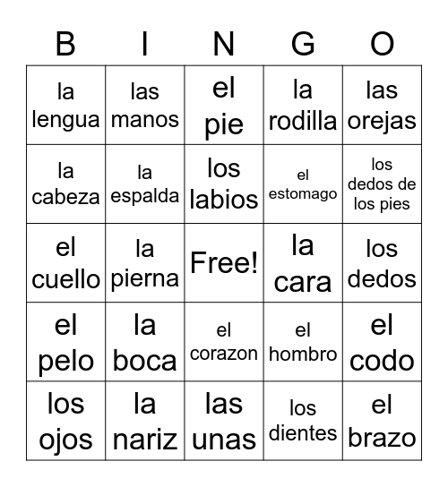 LAS PARTES DEL CUERPO Bingo Card