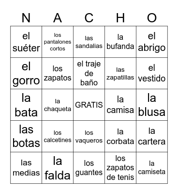 La Ropa Bingo Card