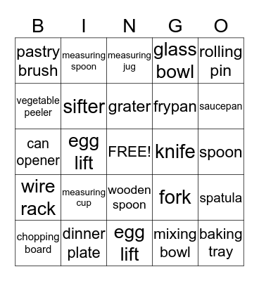 Utensils Bingo Card