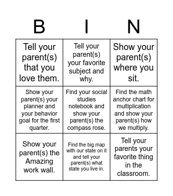 Open House Bingo Card