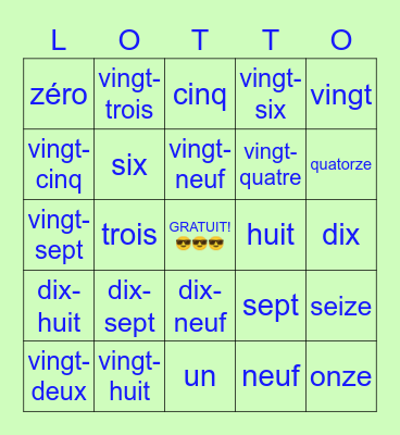 French Numbers 0-30 Bingo Card