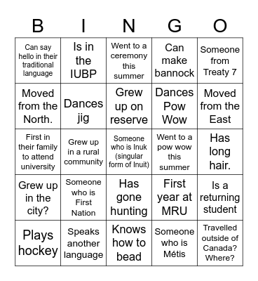 Indigenous Housing Program Ice Breaker Bingo Card