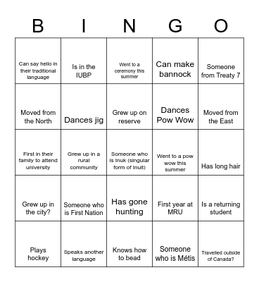 Indigenous Housing Program Ice Breaker Bingo Card