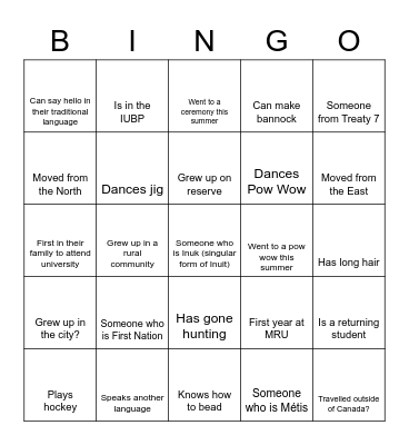 Indigenous Housing Program Ice Breaker Bingo Card