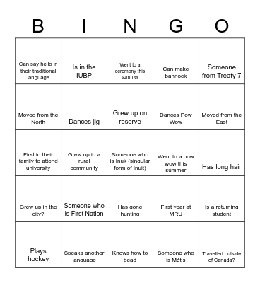 Indigenous Housing Program Ice Breaker Bingo Card