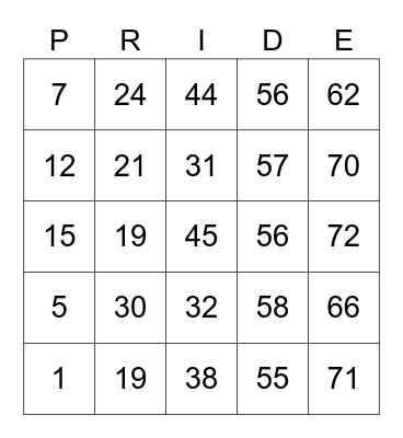 PRIDE BINGO Card