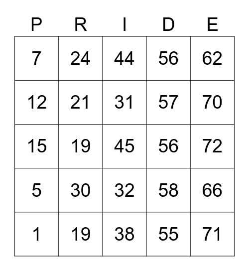 PRIDE BINGO Card