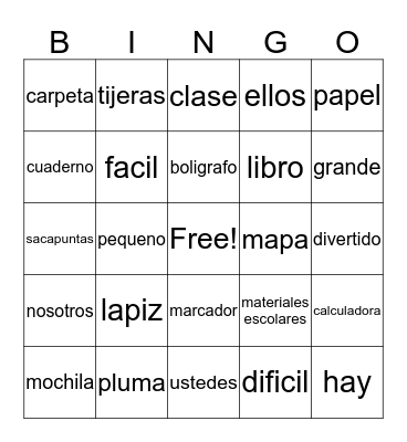 School Supplies Bingo Card