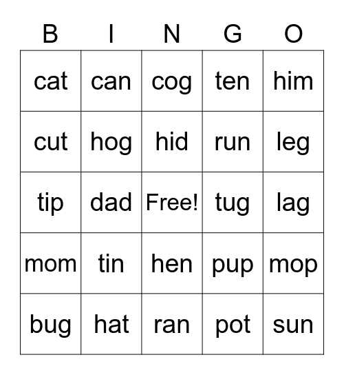Onset and Rime Bingo Card