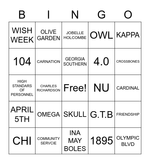 CHI O BINGO Card