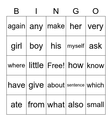 1st grade sight words Bingo Card