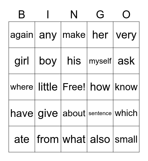 1st grade sight words Bingo Card