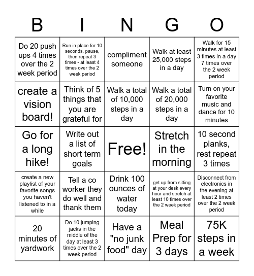 Healthy You Challenge Week 5&6 Bingo Card